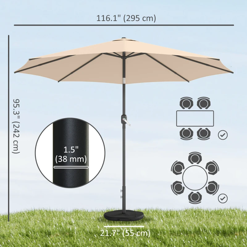 Outsunny 10' x 10' Round Market Umbrella with Base and Sandbag, Patio Umbrella with Crank Handle and Tilt, Khaki