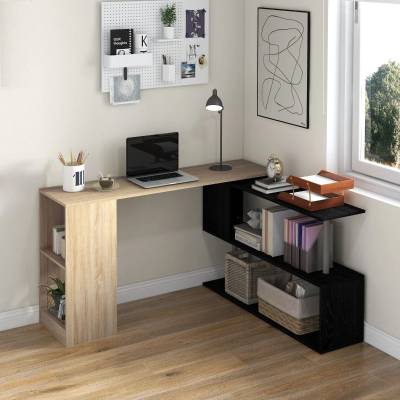 HOMCOM 55" Corner Computer Desk, 360° Rotating L-Shaped Desk, Home Office Workstation with 3-Tier Shelves, Bookshelf