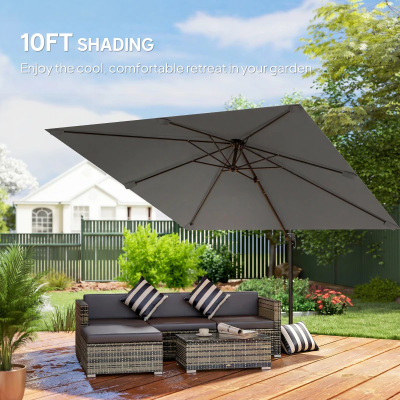 Outsunny 10 FT Cantilever Patio Umbrella, Square Patio Umbrella with Crank Handle, Cross Base and Tilt, 360° Rotation