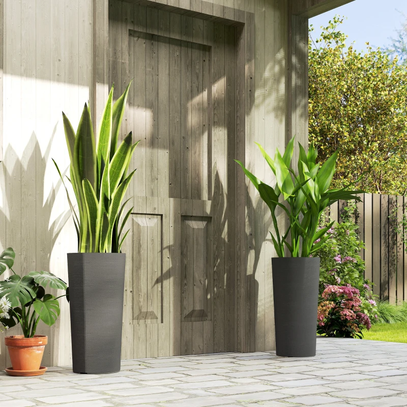 Outsunny 24" Tall Planters Set of 2, Indoor Outdoor Plastic Flower Pots with Inner Bucket and Drainage Holes, Dark Gray