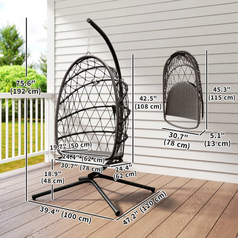 Outsunny Hanging Egg Chair with Stand, Foldable Wicker Rattan Swing Chair with Thick Cushion, Dust Cover and Safety Rope, Brown