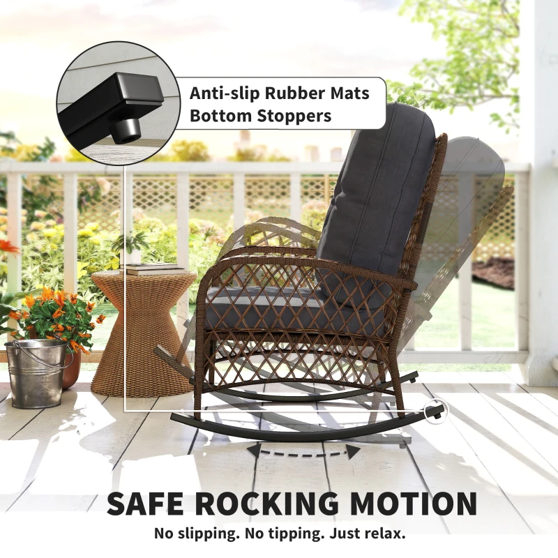 Outsunny Outdoor Wicker Rattan Rocking Chair Patio Rocker with Thick Cushions for Garden Backyard Porch, Black