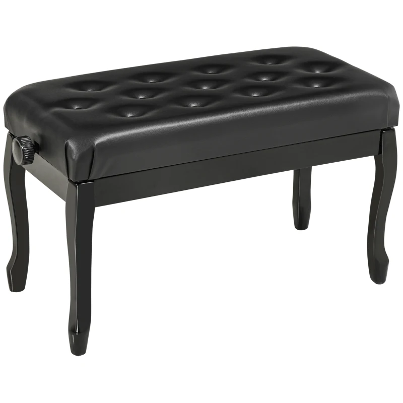 HOMCOM Adjustable Height Piano Bench Stool, PU Leather Button Tufted Padded Keyboard Seat with Rubber Wood Legs, Black