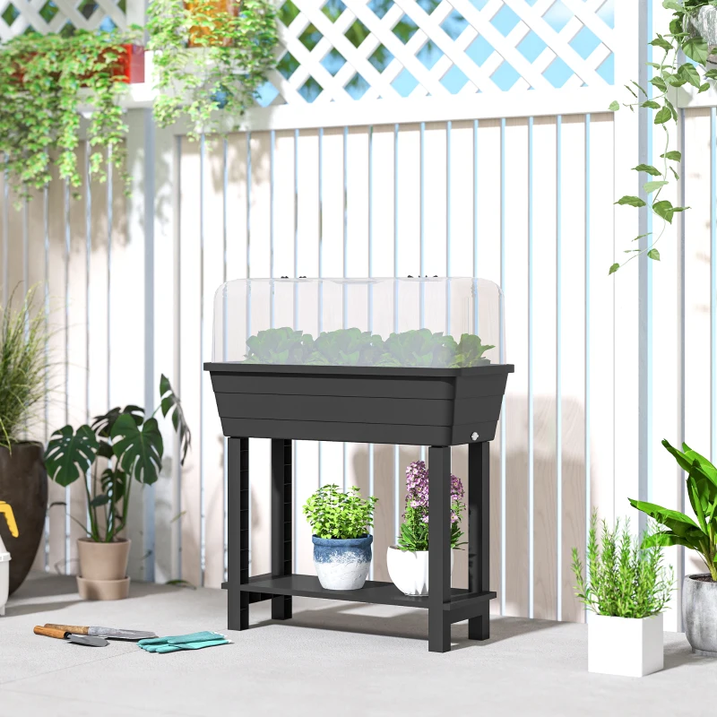 Outsunny 41L Self Watering Raised Garden Bed w/ Ventilation Transparent Lid Greenhouse, Planter Box w/ Storage Shelf, Black
