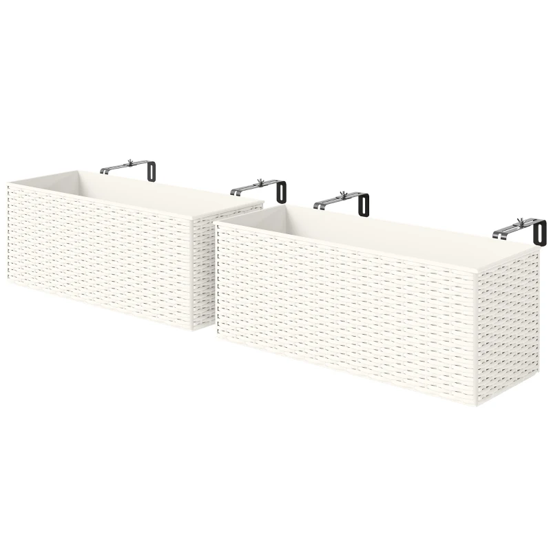 Outsunny 2 Pack 20 Inch Hanging Flower Pots, Railing Planter Box for Fence, Garden, Rattan Look, White