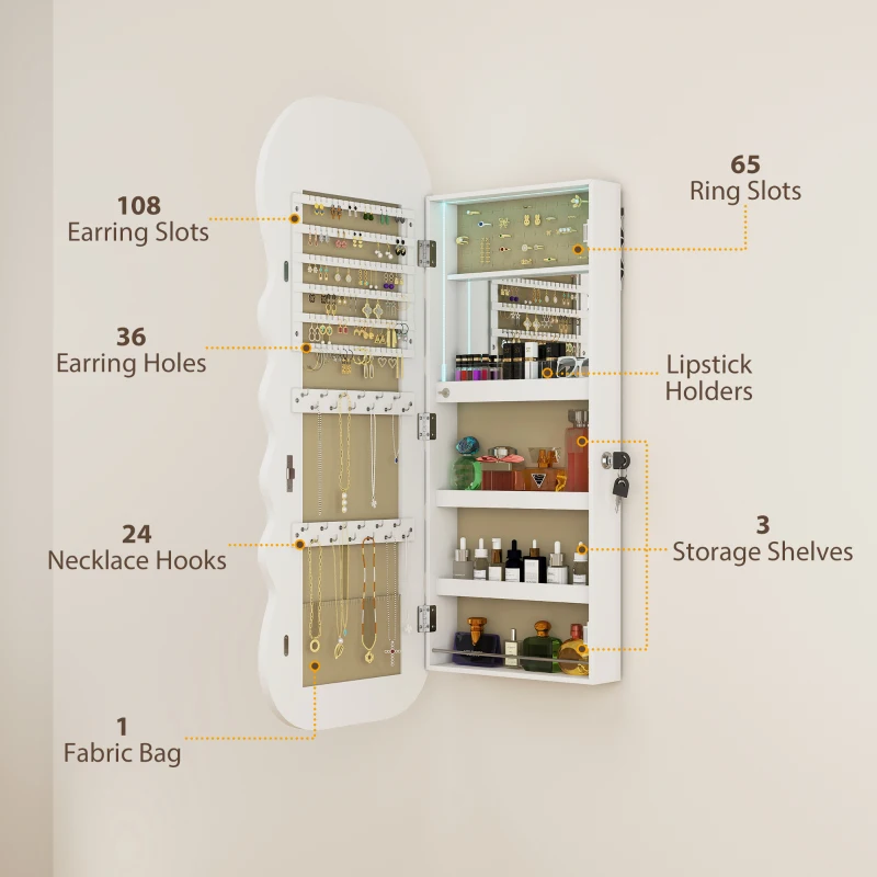 HOMCOM Jewelry Armoire Cabinet with Lights, Wall Mounted or Door Hanging Mirror Jewelry Cabinet with Full Length Mirror, White