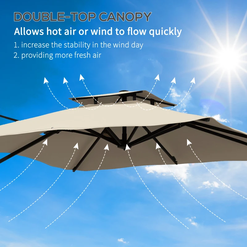 Outsunny 10ft Square Cantilever Patio Umbrella, 360° Rotating Overhanging Umbrella with Cross Base, Crank Handle, Khaki