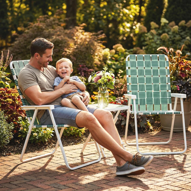 Outsunny Set of 2 Folding Patio Chairs, Portable Chair Set with Armrests for Camping, Garden, Pool, Beach, Backyard, Green