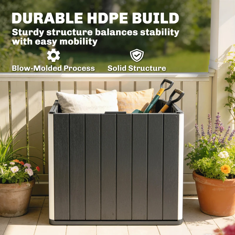 Outsunny 30 Gallon Storage Box, Outdoor Side Table with Umbrella Holder, Black