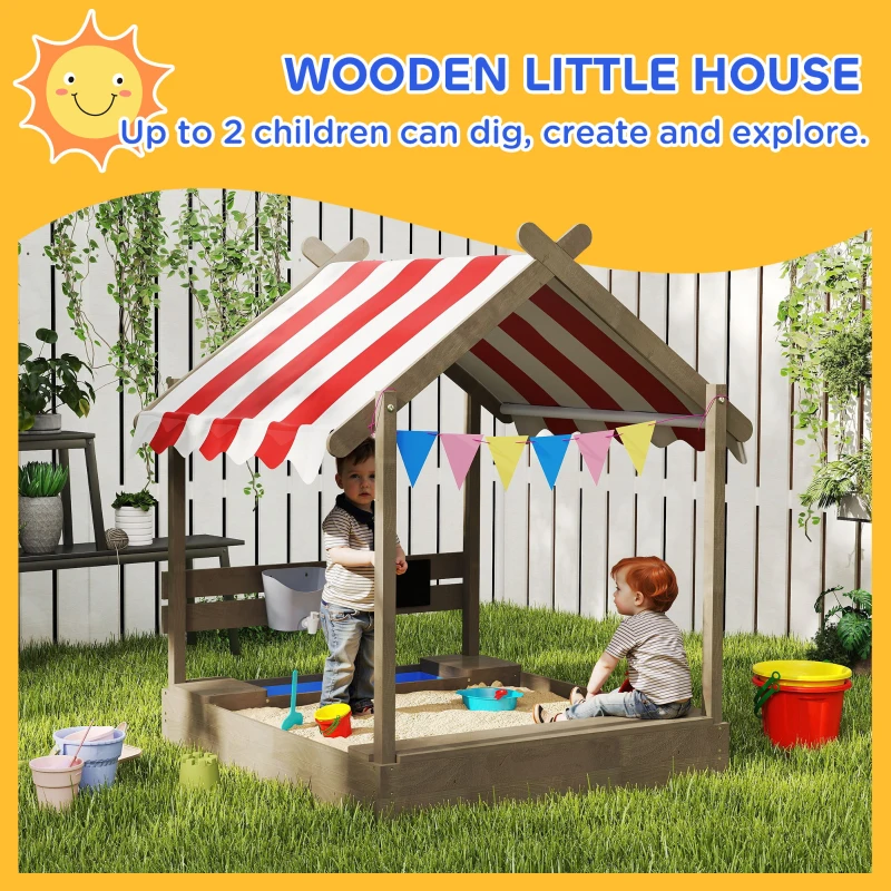 Outsunny Outdoor Wooden Sandbox with Cover for 3-7 Years Old, Backyard, Grey