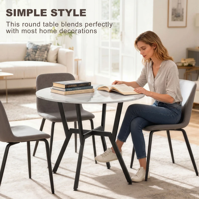 HOMCOM 35" Round Dining Table, Modern Dining Room Table with Steel Frame, Space Saving Small Kitchen Table, White Marble