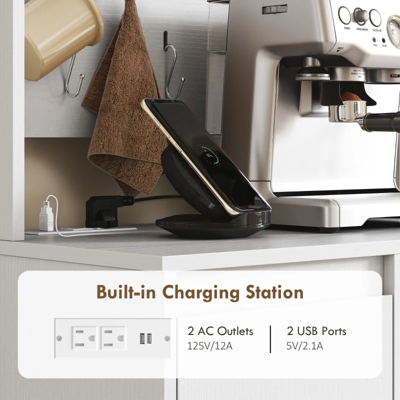 HOMCOM 71" Pantry Cabinet with Charging Station, Kitchen Storage Cabinet with Microwave Stand, Pegboard, 6 S-hooks, White