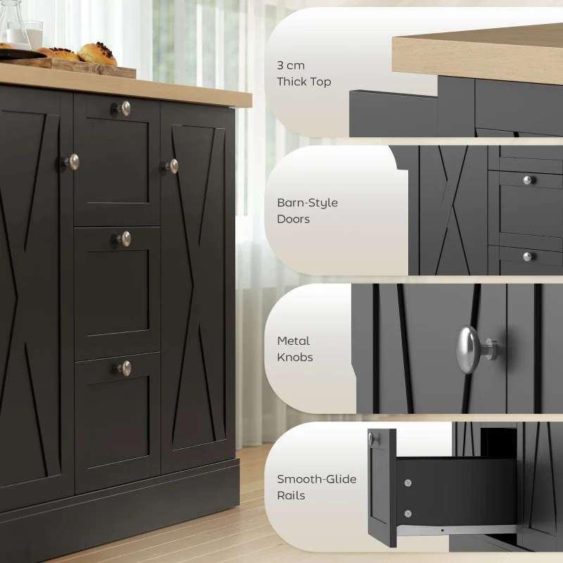 HOMCOM Farmhouse Kitchen Island Cart with Power Outlet and Soft-Close Doors, 49" Kitchen Island with 3 Drawers, Black