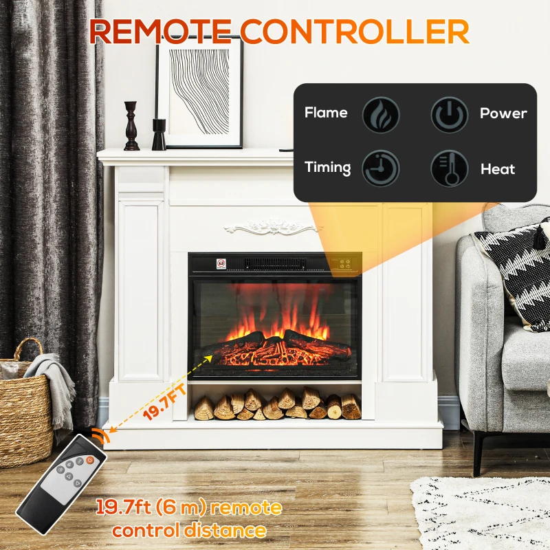 HOMCOM 46" Electric Fireplace with Mantel and Shelf, 1400W Fireplace Heater with Realistic Log and Flame Effect, White