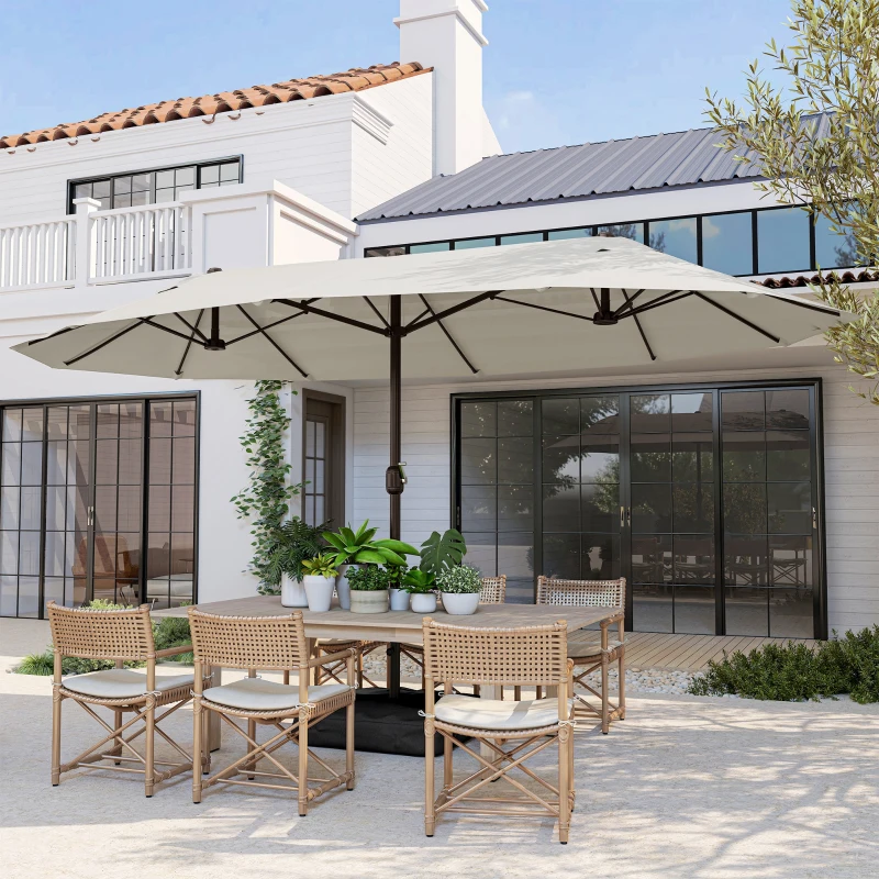 Outsunny 15' Outdoor Patio Umbrella with Twin Canopy Sunshade Steel Table Umbrella w/ Lift Crank, Cross base, Sandbag, Cream