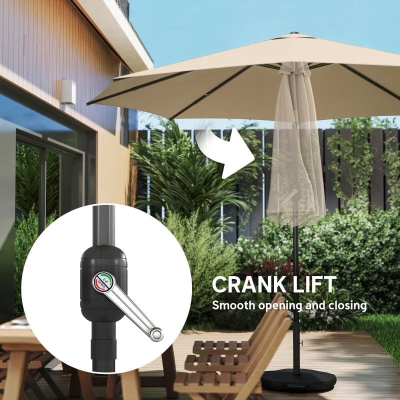 Outsunny 10' x 10' Round Market Umbrella with Base and Sandbag, Patio Umbrella with Crank Handle and Tilt, Khaki