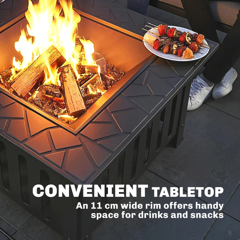 Outsunny 26" Outdoor Fire Pit with Fire Poker, Steel Square Wood Burning Firepit with Mesh Lid, Firepits, Black