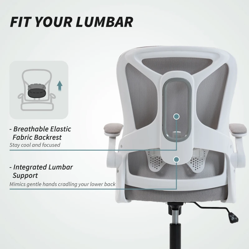 HOMCOM Ergonomic Office Chair, Swivel Desk Chair with Adjustable Lumbar Support and Height, Flip-up Armrests, Wheels, Grey