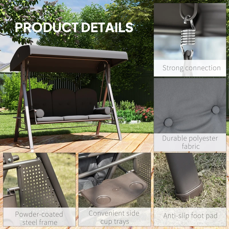 Outsunny Outdoor Patio 3-Person Steel Canopy Cushioned Seat Bench Swing with Included Side Trays & Padded Comfort, Dark Grey
