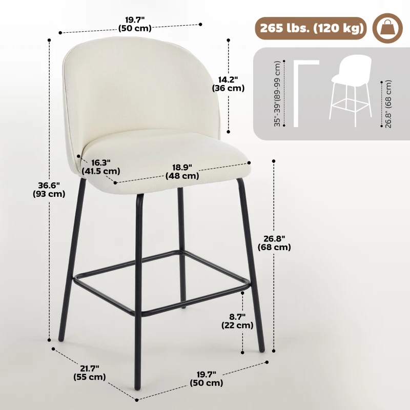 HOMCOM Set of 2 Counter Height Barstools, Upholstered Linen Bar Stools with Backrest, Footrest and Steel Legs, Cream White