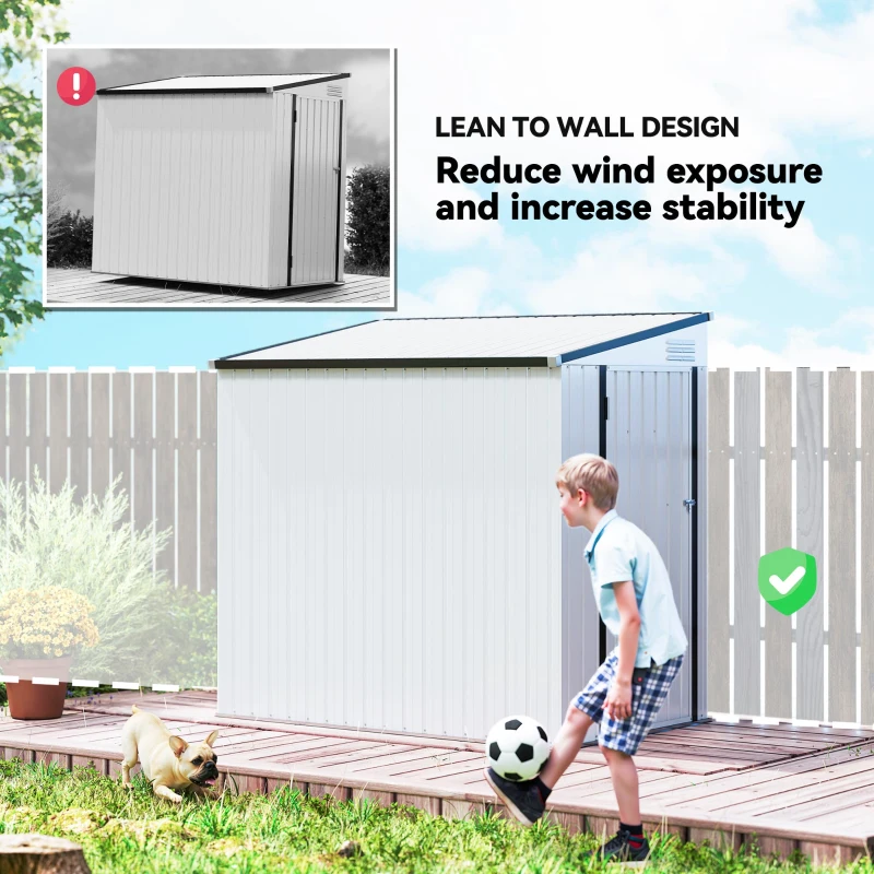 Outsunny 4.3' x 6.3' Outdoor Storage Shed Lean to Shed Outdoor Metal Tool Shed with Lockable Door and Air Vents, White