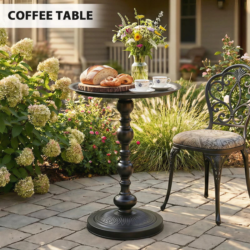 Outsunny 15.4" Round Outdoor Side Table, Tray Top Metal Patio Table with Retro Column Base for Indoor, Balcony, Garden, Black