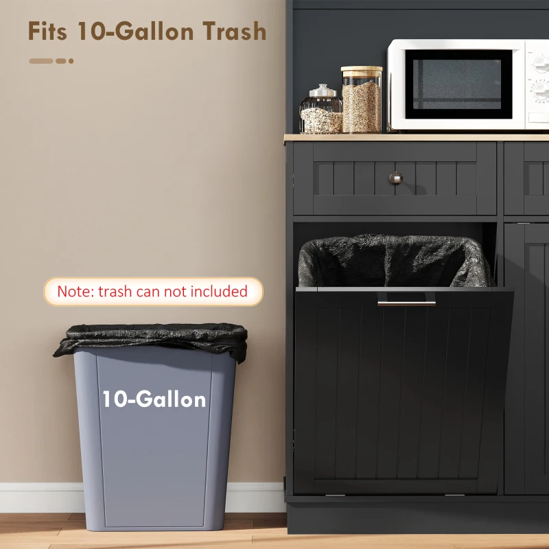 HOMCOM 68" Pantry Cabinet with Charging Station, Storage Cabinet with Microwave Stand, 10 Gallon Trash Can Cabinet, Black