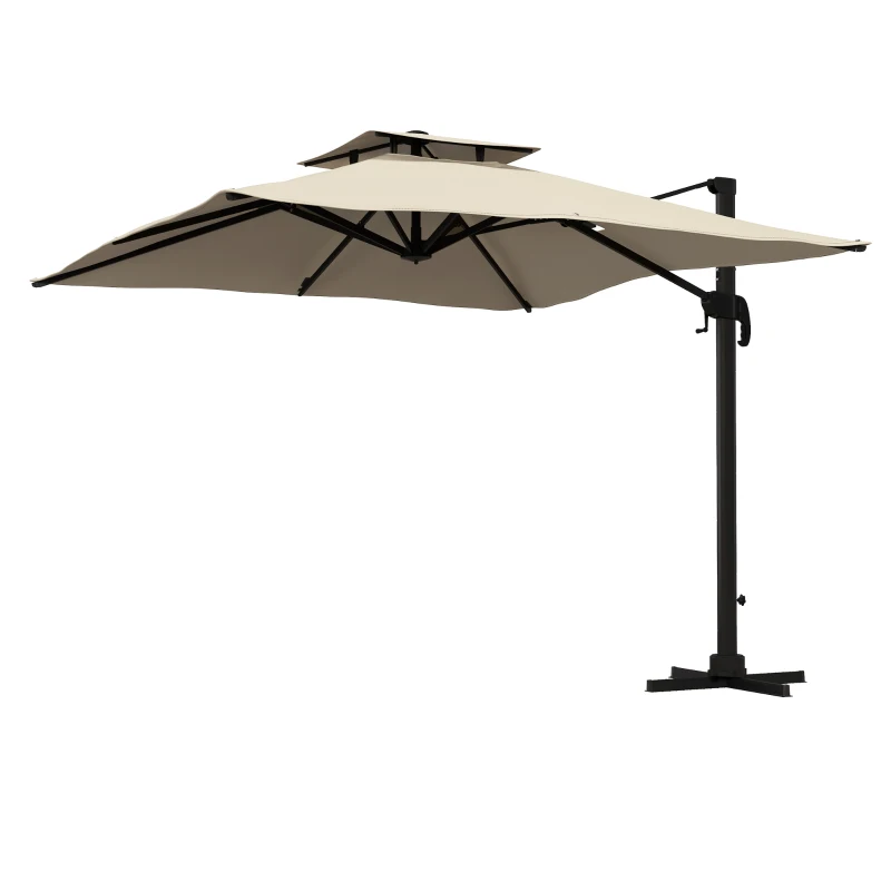 Outsunny 10ft Square Cantilever Patio Umbrella, 360° Rotating Overhanging Umbrella with Cross Base, Crank Handle, Khaki