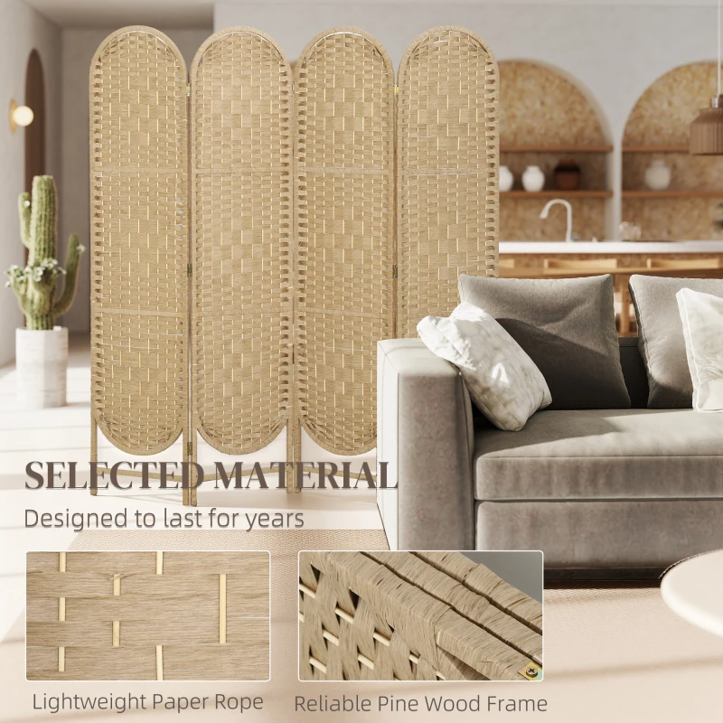 HOMCOM Bohemian Privacy Screen, Folding Room Divider with 4 Panels and Arched Top for Bedroom Living Room Office, Natural Wood