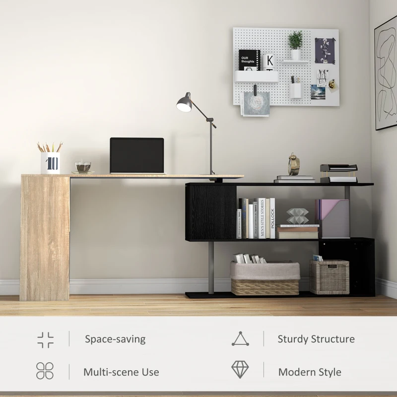 HOMCOM 55" Corner Computer Desk, 360° Rotating L-Shaped Desk, Home Office Workstation with 3-Tier Shelves, Bookshelf