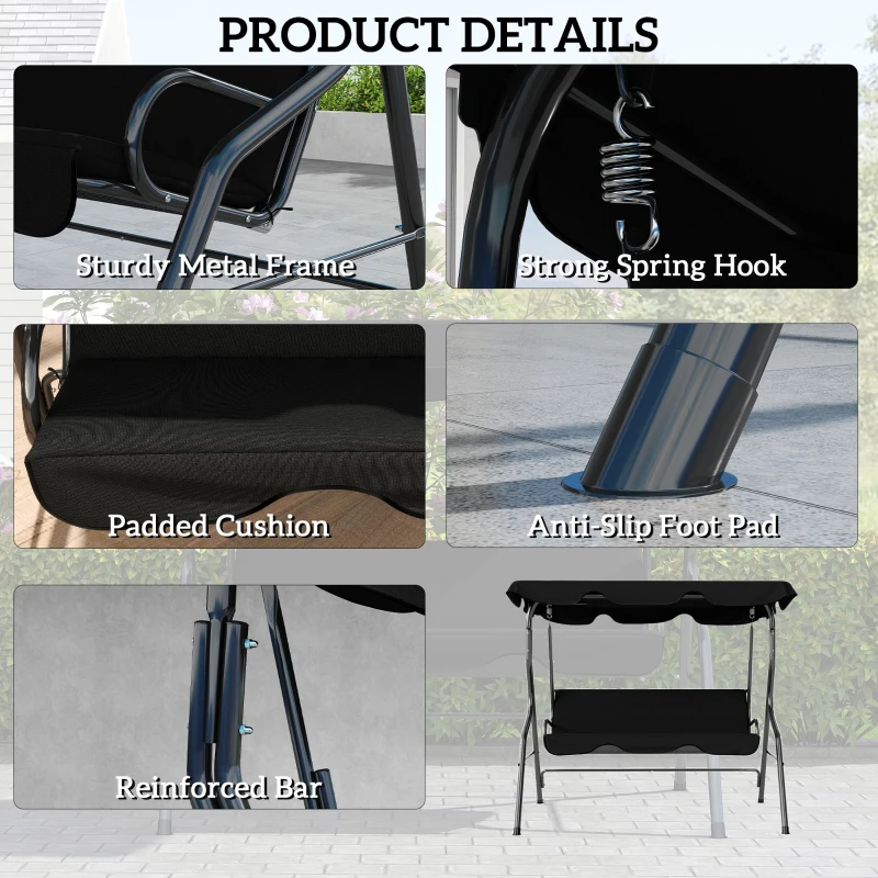 Outsunny Outdoor Porch Swing with Adjustable Canopy, 3-Seater Patio Swing Chair with Cushion, Black