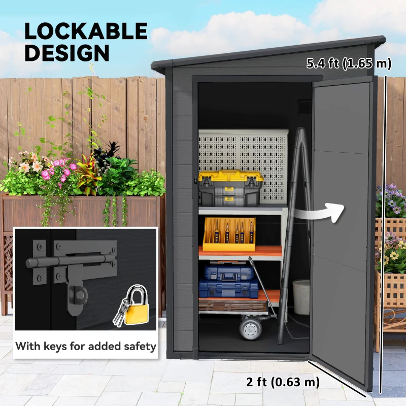 Outsunny 4'x5' Garden Storage Shed, Lean to Shed, Lockable Garden Tool Storage House with Window, Vent, Dark Grey