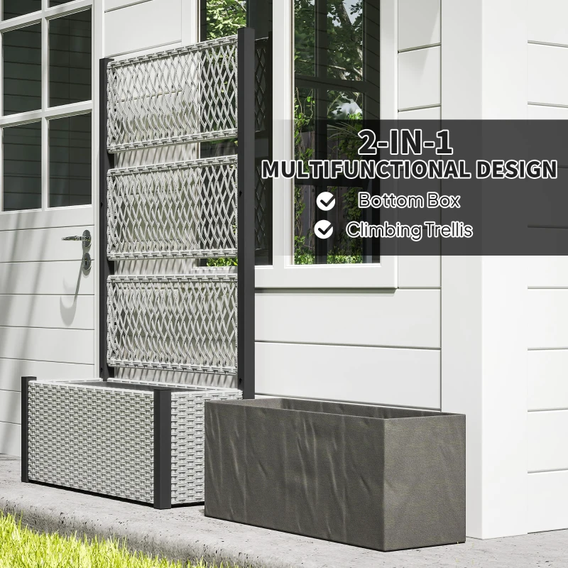 Outsunny Wicker Outdoor Planter with Trellis, 58" Standing Garden Bed with Liner, Drainage Holes for Climbing Plants, Mixed Grey