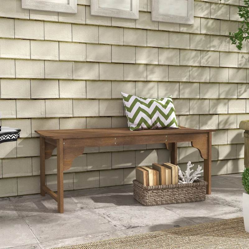 Outsunny Wooden Garden Bench, Patio Double Park Bench with Slatted Seat, Front Porch Backless Bench, Teak