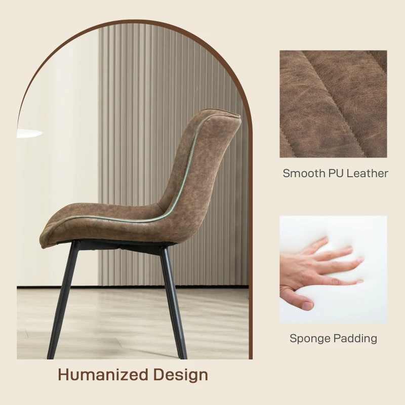 HOMCOM Dining Chairs Set of 2, PU Leather Upholstered Kitchen Chairs with Backrest and Steel Legs, Brown