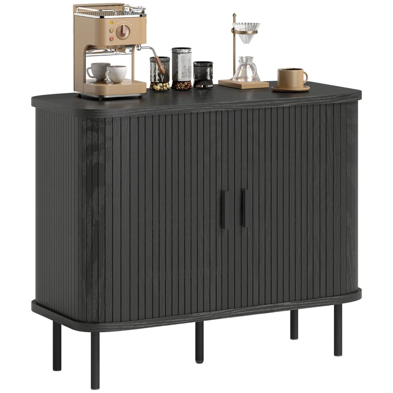 HOMCOM 35.4" Sideboard Buffet Cabinet with Storage, Nordic Coffee Bar Cabinet with Slatted Tambour Doors and Metal Legs, Black