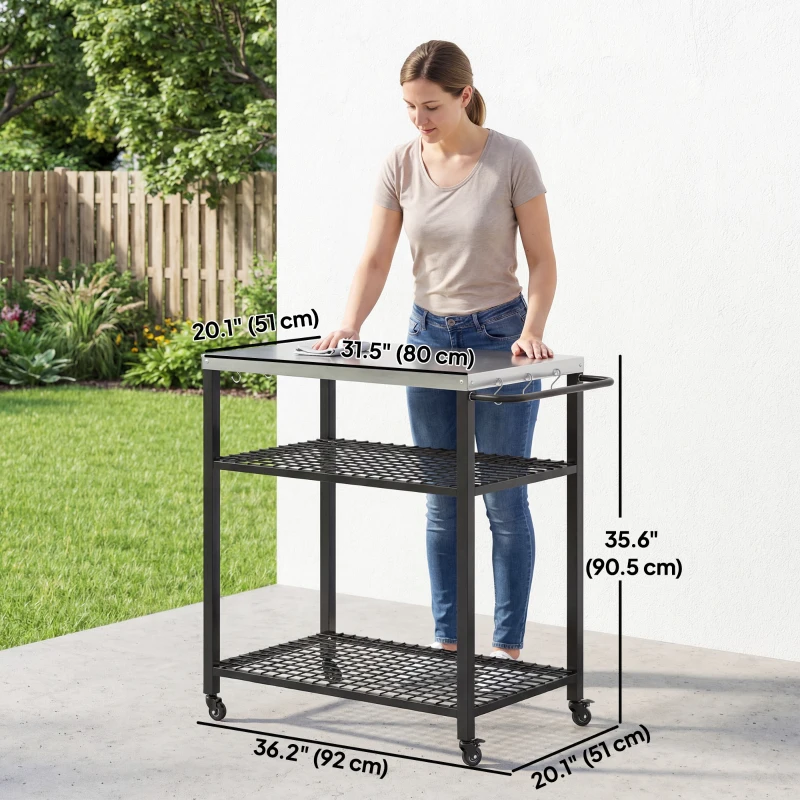 Outsunny Outdoor Grill Cart with Stainless Steel Top, Two-Shelf Pizza Oven Stand, Food Prep Table on Wheels, Black