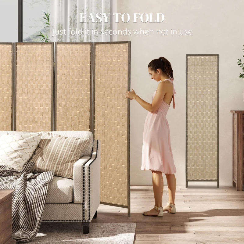 HOMCOM 6 FT Room Divider, 4 Panel Folding Privacy Screen, Lightweight Handwoven Freestanding Partition for Home Office, Brown