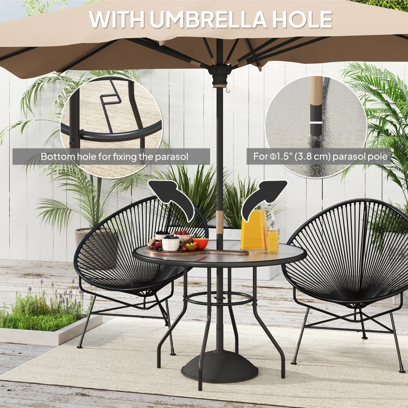 Outsunny 39.4" Round Outdoor Dining Table Coffee Side Bistro Table with Umbrella Hole, Glass Top, Steel Frame for Garden, Patio