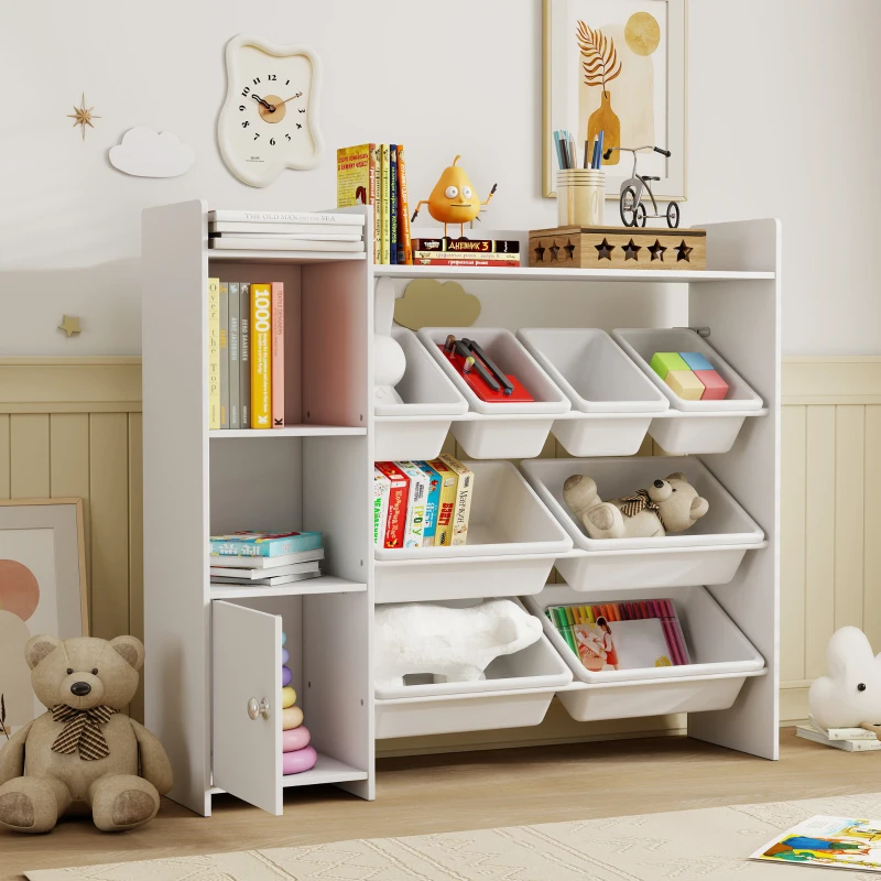 Qaba Kids Bookshelf and Toy Storage Organizer, Children Bookcase with 8 Removable Bins, Cabinet for Playroom, Kids Room, Nursery, White
