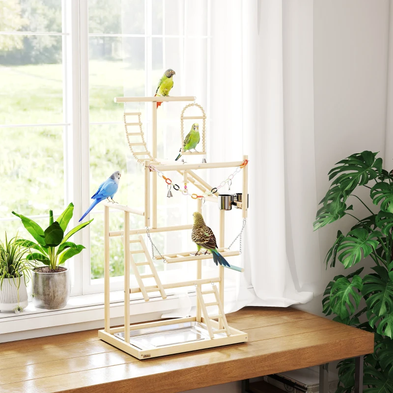 PawHut Bird Playground, 4 Layer Wooden Play Stand with Ladders, Chain Toy, Stainless Steel Cups and Tray for Small Birds