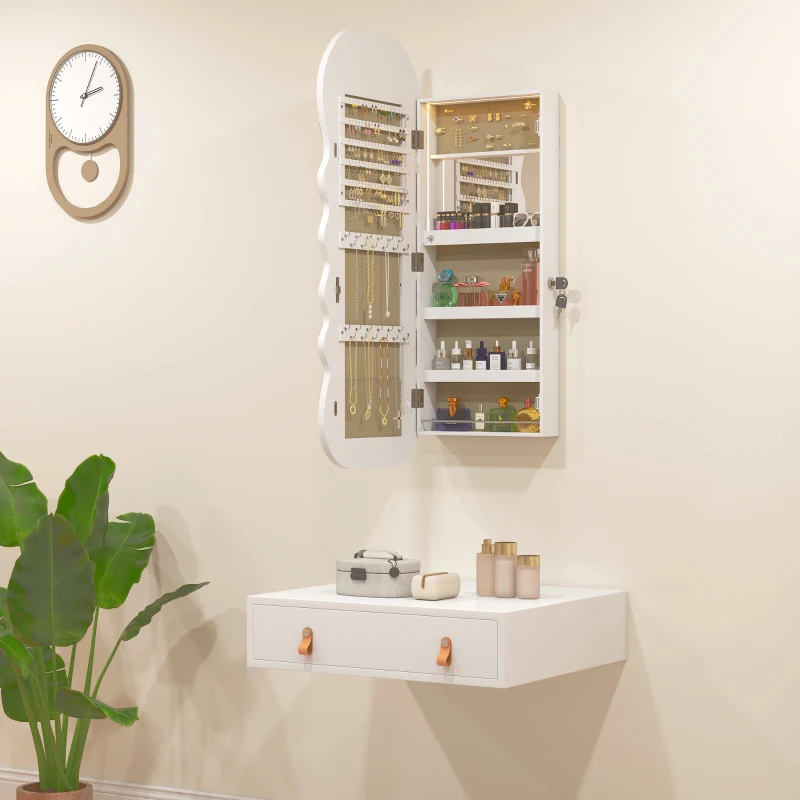 HOMCOM Jewelry Armoire Cabinet with Lights, Wall Mounted or Door Hanging Mirror Jewelry Cabinet with Full Length Mirror, White