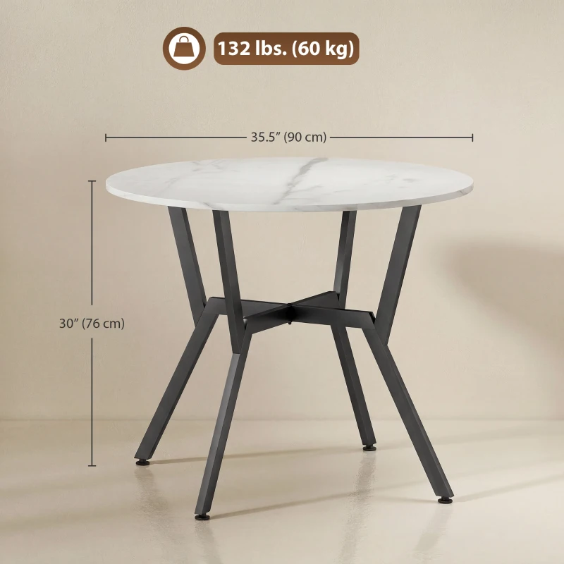HOMCOM 35" Round Dining Table, Modern Dining Room Table with Steel Frame, Space Saving Small Kitchen Table, White Marble