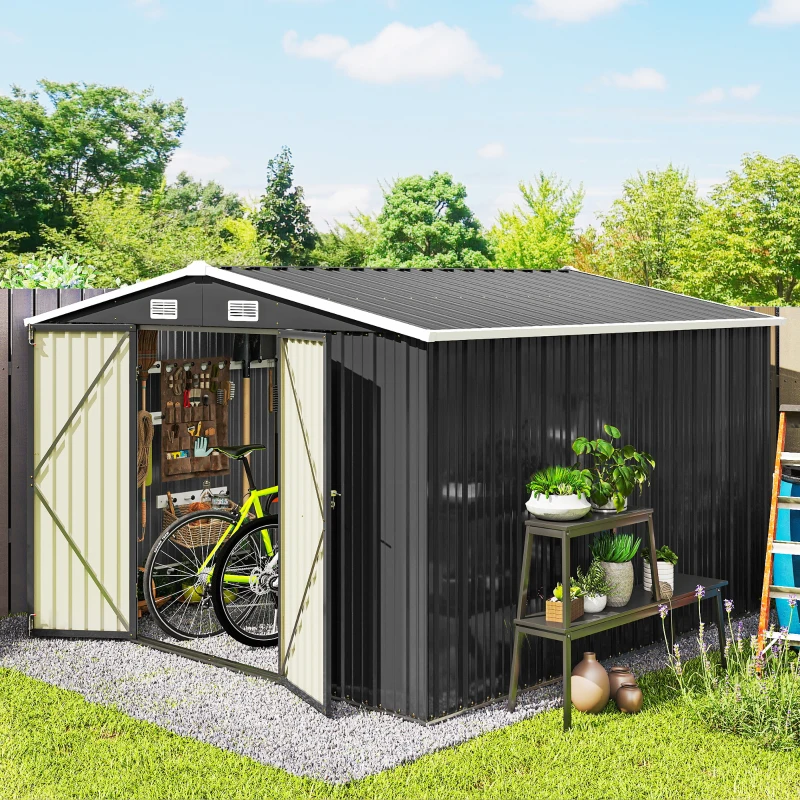 Outsunny 10' x 10' Metal Shed, Heavy Duty Outdoor Storage Shed with 4 Vents and Lockable Double Doors, Dark Grey