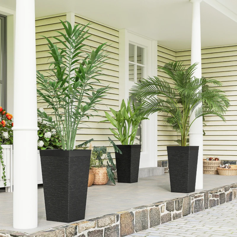 Outsunny 22.8 Inch Set of 3 Outdoor Planters with Stone Finish and Wheels, Stackable Tapered Planters with Drainage Hole, Black