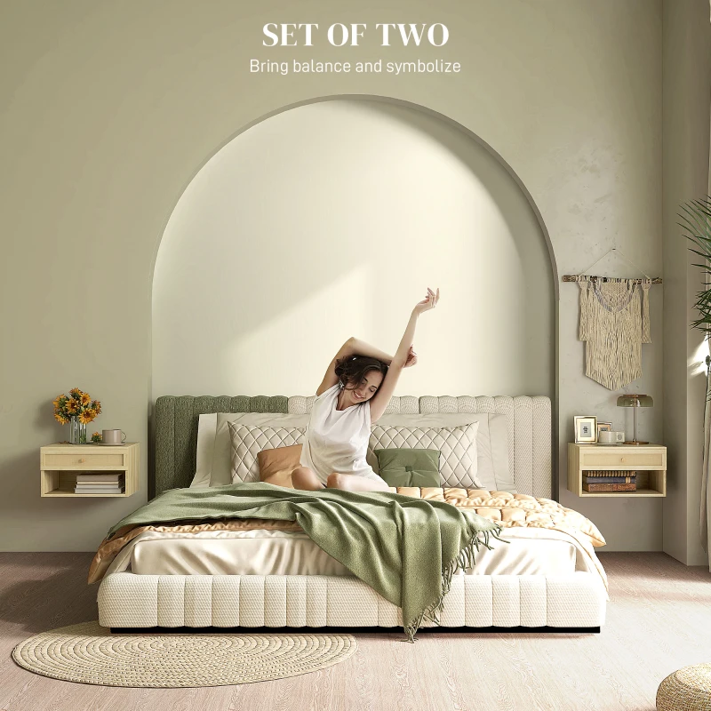 HOMCOM Floating Nightstand Set of 2, Nordic Wall Mounted Bedside Table with Drawer and Open Shelf for Bedroom, Natural Wood