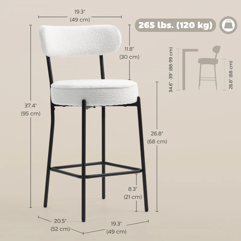 HOMCOM Set of 2 Barstools, Upholstered Bar Stools with Backrest, Footrest for Kitchen Island, Dining Room, Cream White