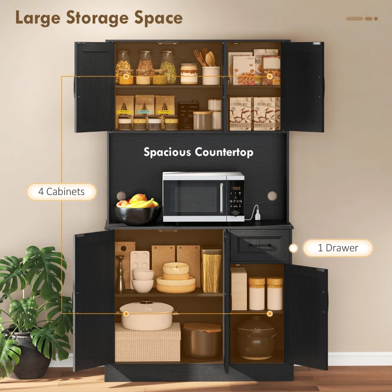 HOMCOM 71" Pantry Cabinet with Charging Station, Kitchen Storage Cabinet with Microwave Stand, Adjustable Shelves, Black