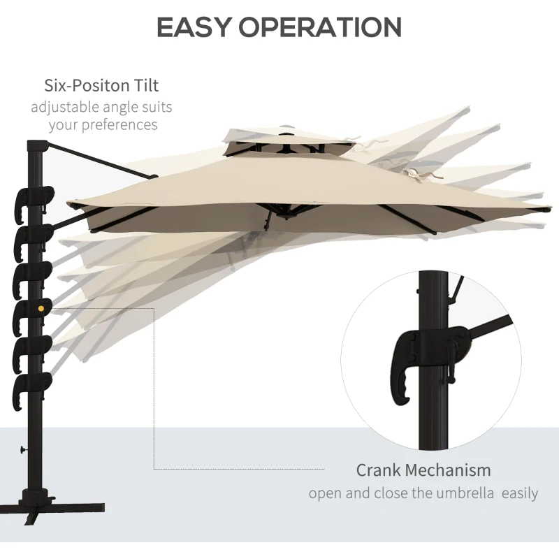 Outsunny 10ft Square Cantilever Patio Umbrella, 360° Rotating Overhanging Umbrella with Cross Base, Crank Handle, Khaki