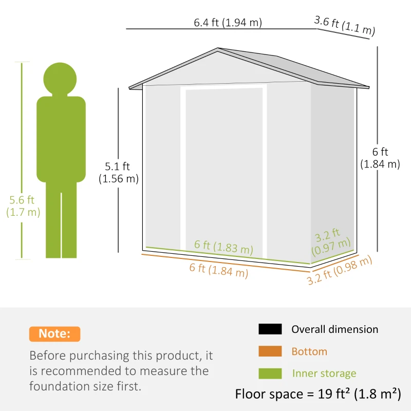 Outsunny 6.5x3.5ft Metal Garden Storage Shed for Outdoor Tool Storage with Double Sliding Doors and Vents, Green